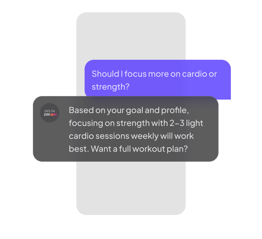 Two chat bubbles depicting a conversation between a user and an AI fitness trainer. The user asks if he should focus more on or cardio or strength and the AI responds accordingly.